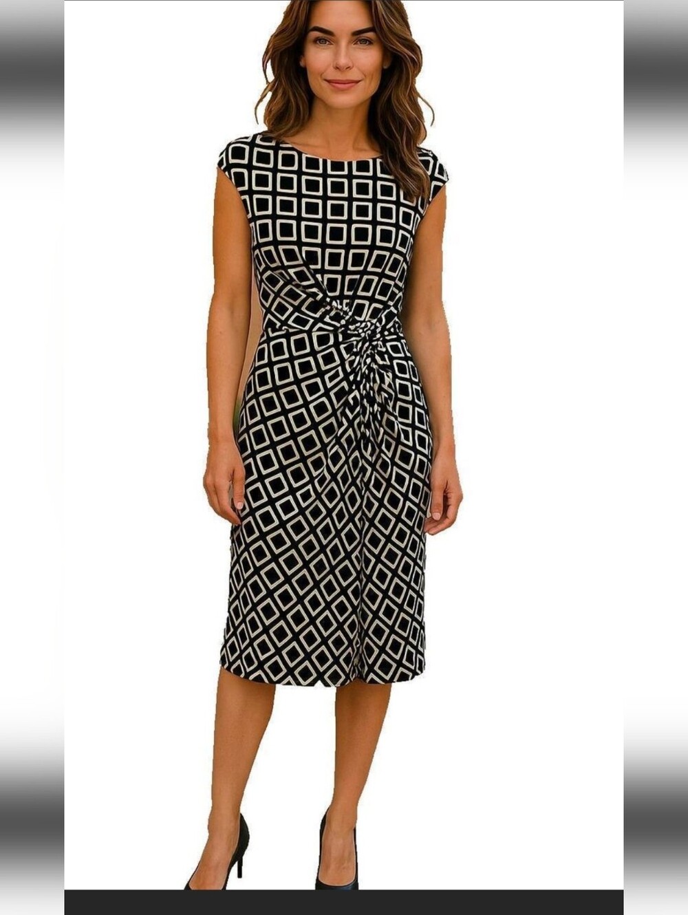 Ralph Lauren Black & White Geometric Twist-Front Midi Dress